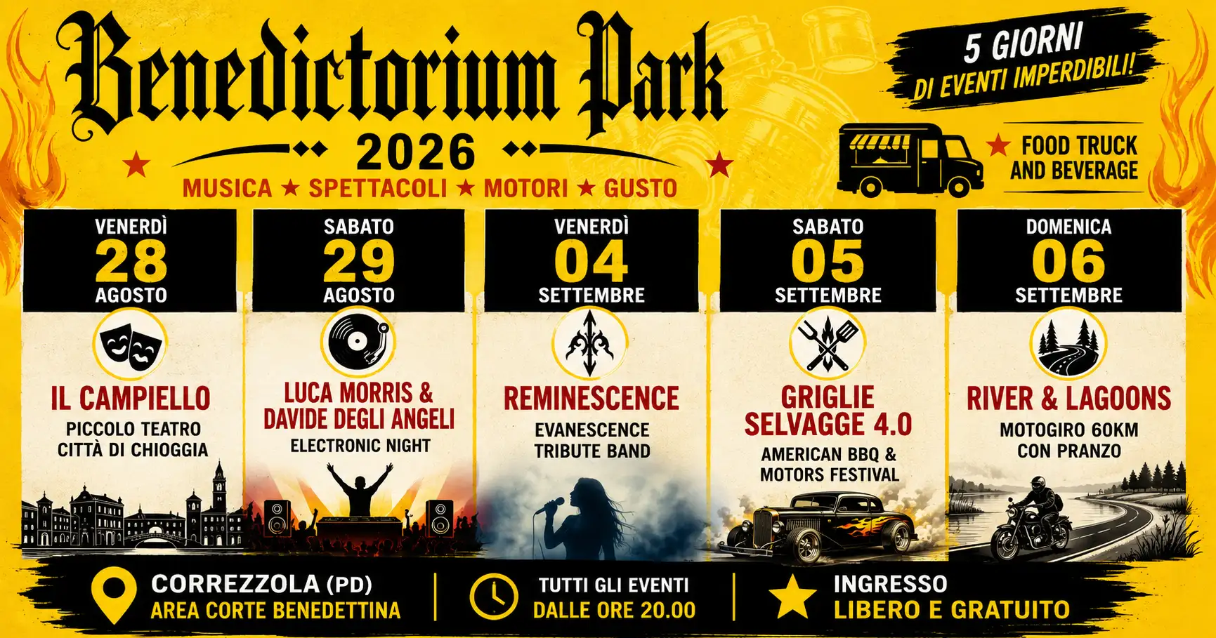 Benedictorium Park 2026 a Correzzola: cinque appuntamenti tra teatro, musica, motori e gusto